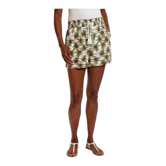 Briggs New York Pants - BRIGGS Drawstring Shorts Linen Blend White/Green Palm Trees Size: S